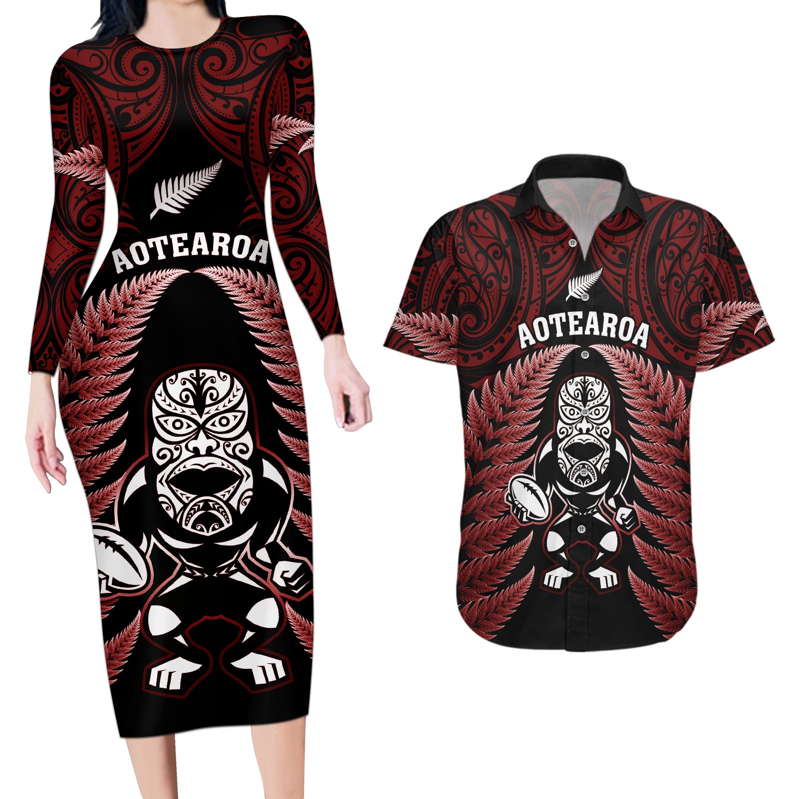 new-zealand-aotearoa-rugby-couples-matching-long-sleeve-bodycon-dress-and-hawaiian-shirt-nz-tiki-with-maori-fern-world-cup-red-version