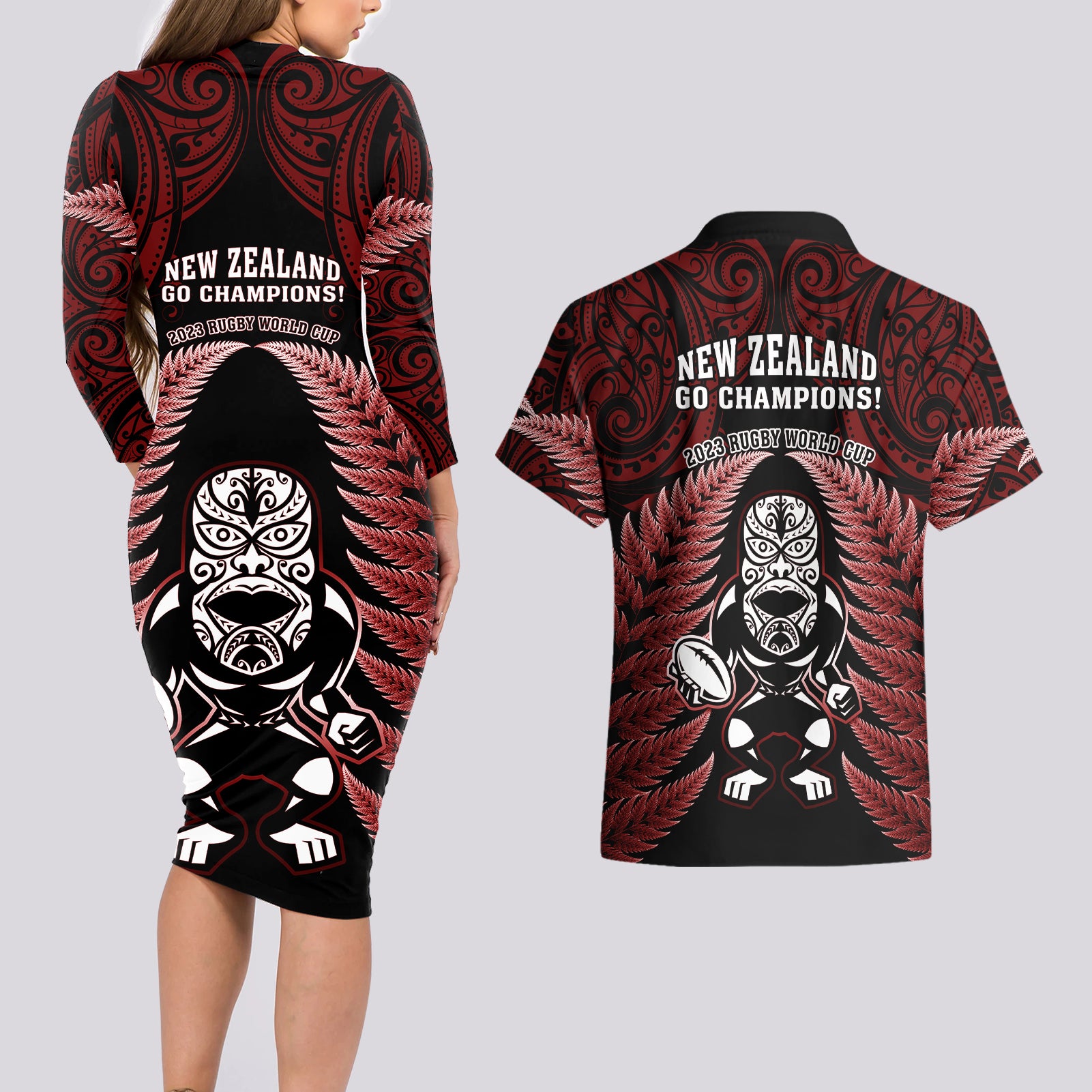 new-zealand-aotearoa-rugby-couples-matching-long-sleeve-bodycon-dress-and-hawaiian-shirt-nz-tiki-with-maori-fern-world-cup-red-version