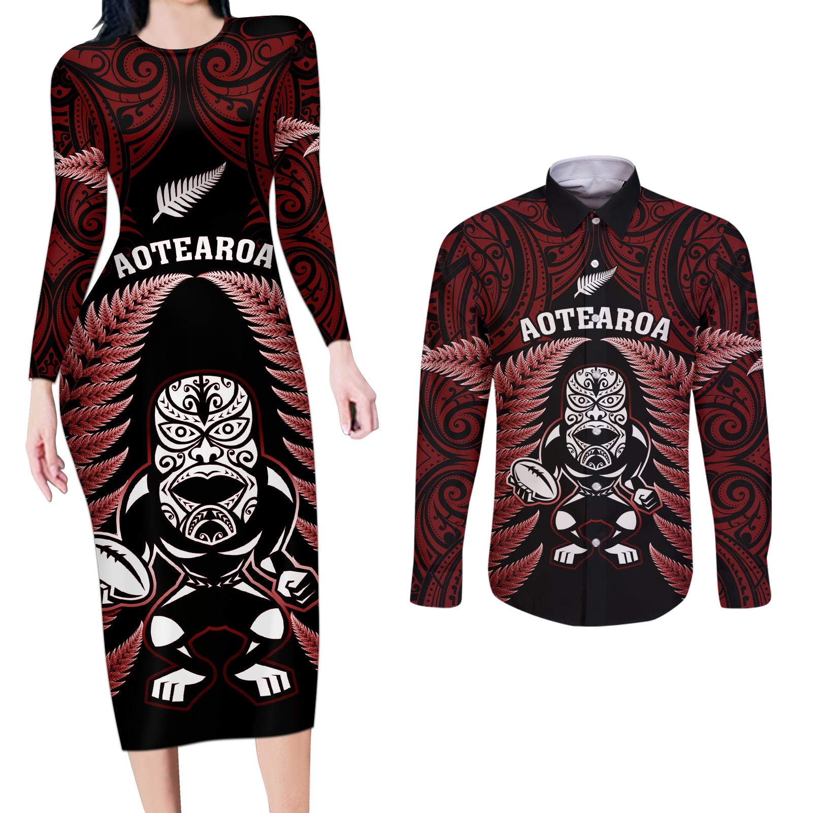 new-zealand-aotearoa-rugby-couples-matching-long-sleeve-bodycon-dress-and-long-sleeve-button-shirts-nz-tiki-with-maori-fern-world-cup-red-version