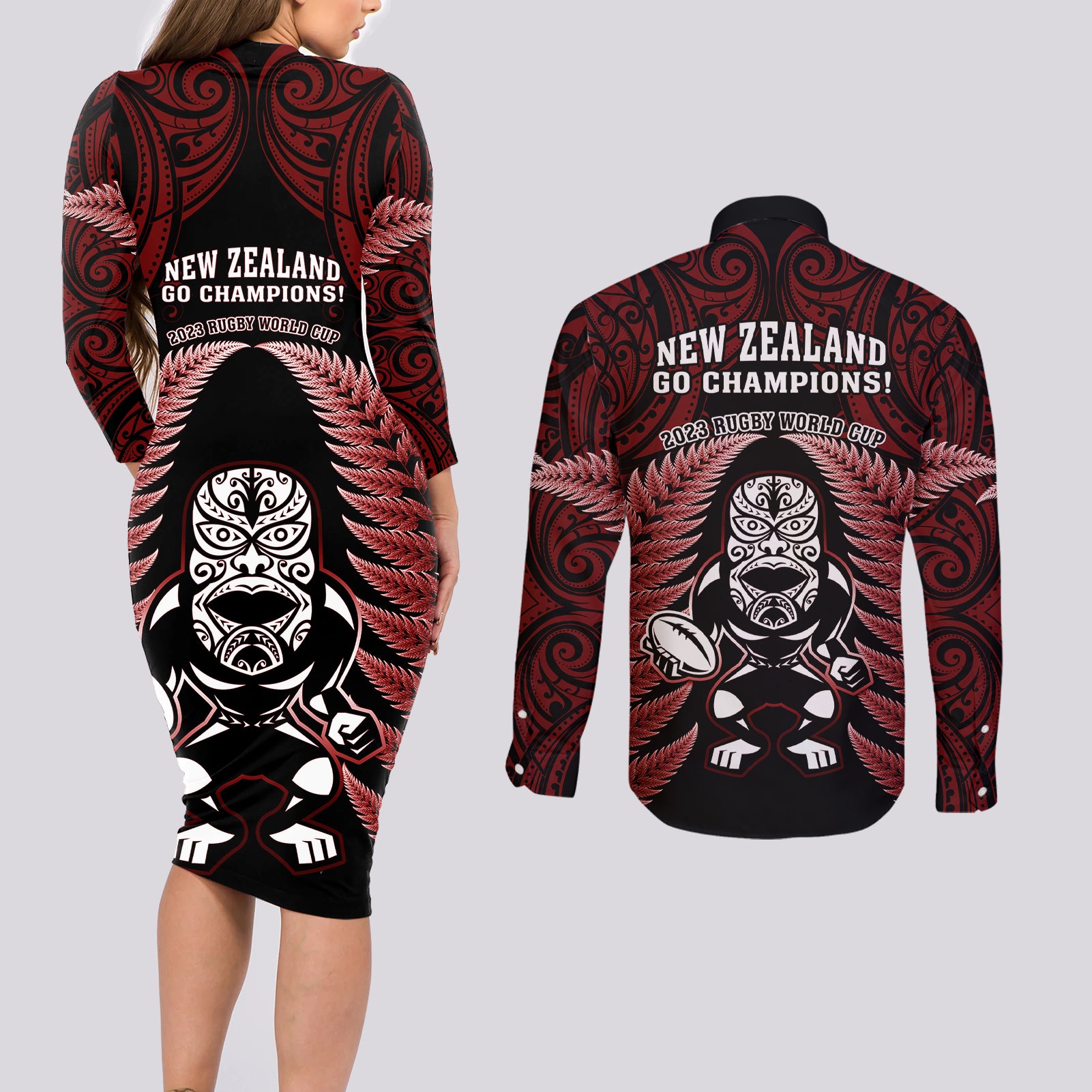 new-zealand-aotearoa-rugby-couples-matching-long-sleeve-bodycon-dress-and-long-sleeve-button-shirts-nz-tiki-with-maori-fern-world-cup-red-version