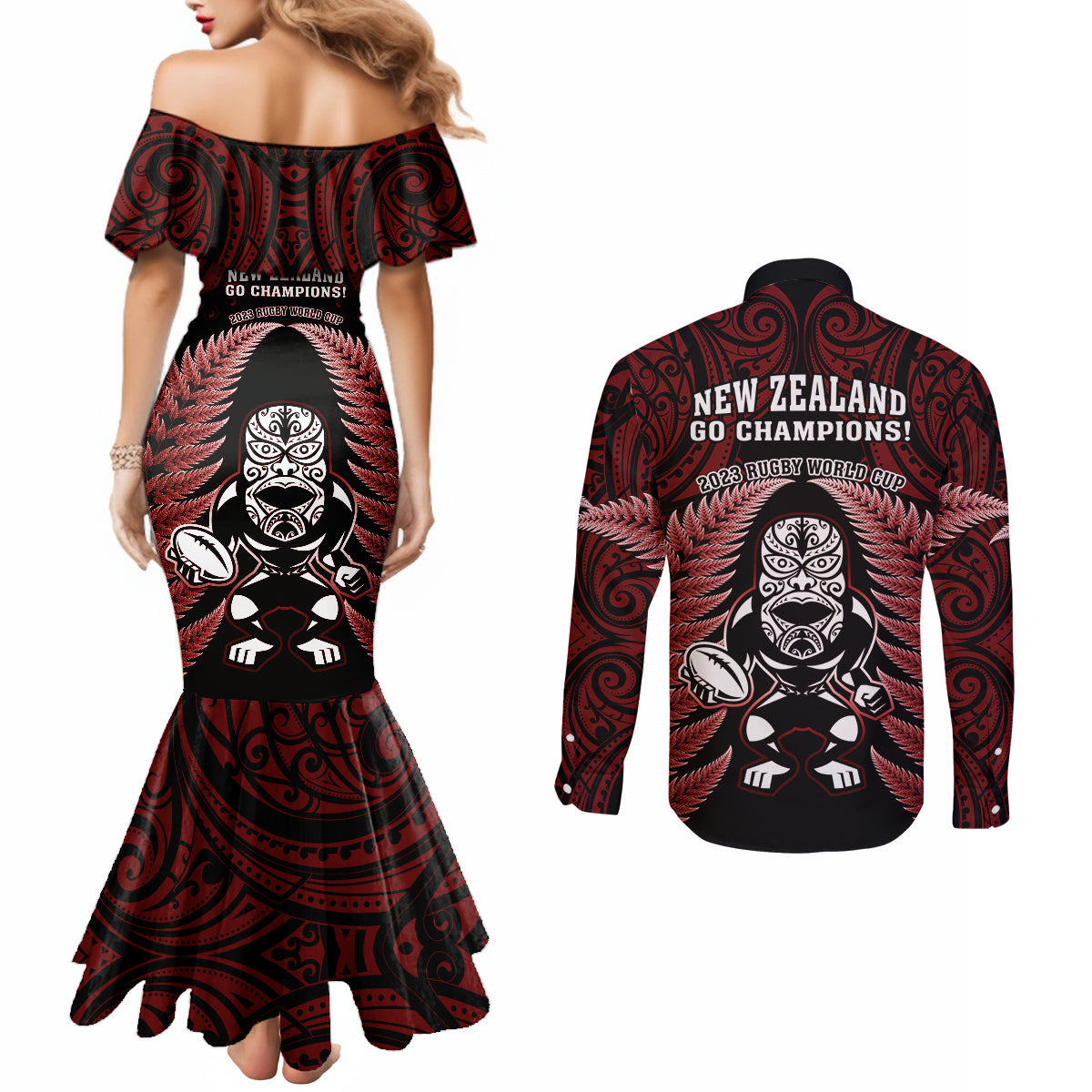 new-zealand-aotearoa-rugby-couples-matching-mermaid-dress-and-long-sleeve-button-shirts-nz-tiki-with-maori-fern-world-cup-red-version