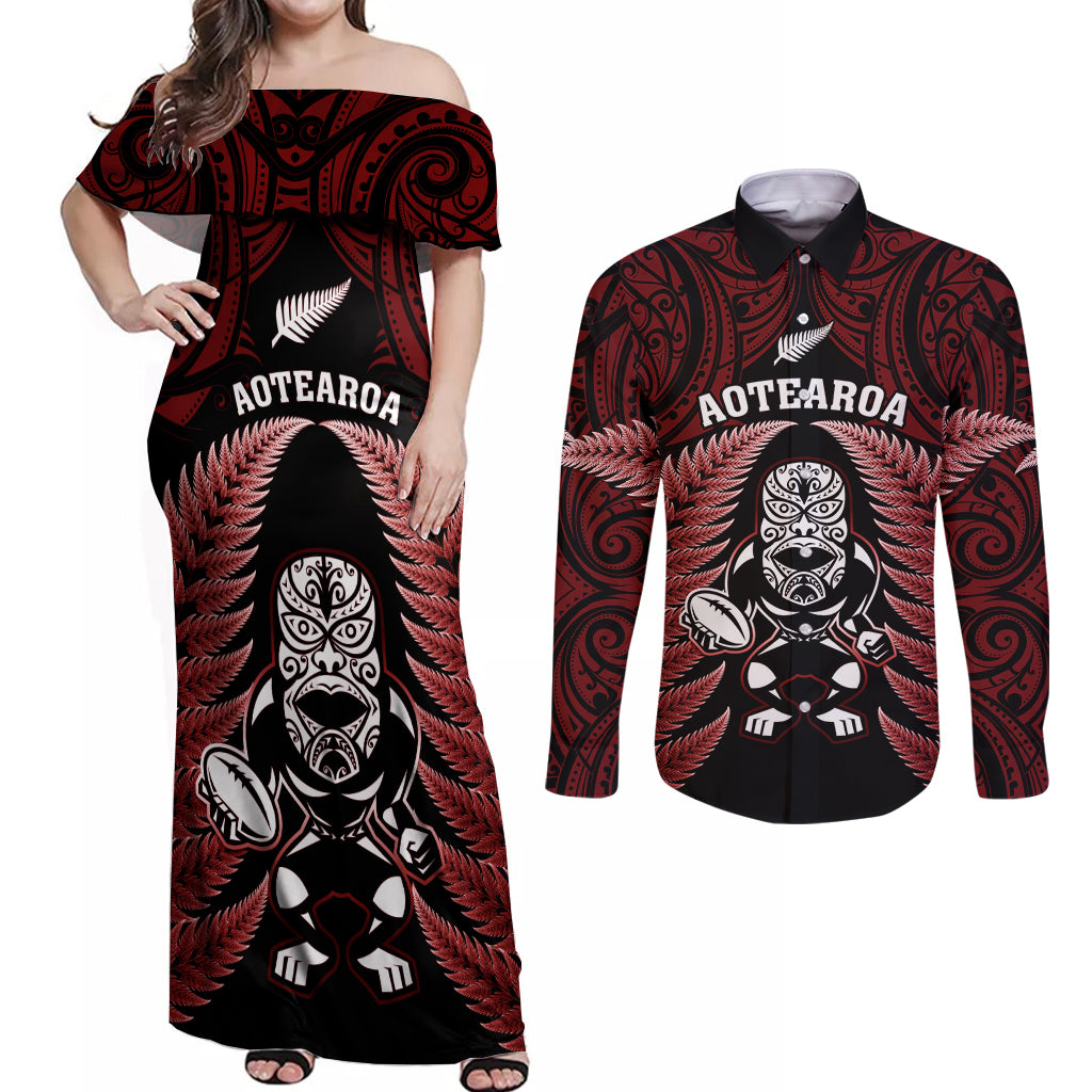 new-zealand-aotearoa-rugby-couples-matching-off-shoulder-maxi-dress-and-long-sleeve-button-shirts-nz-tiki-with-maori-fern-world-cup-red-version