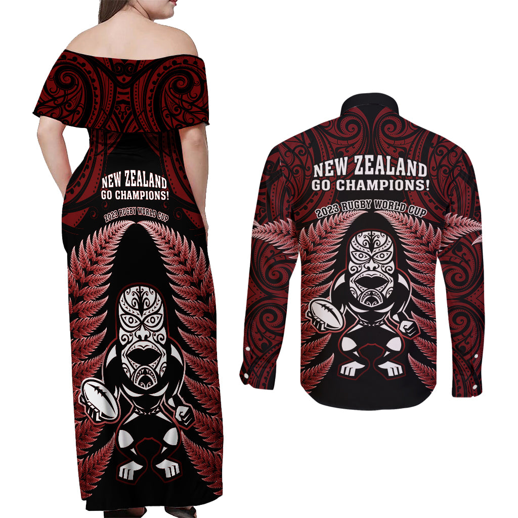 new-zealand-aotearoa-rugby-couples-matching-off-shoulder-maxi-dress-and-long-sleeve-button-shirts-nz-tiki-with-maori-fern-world-cup-red-version