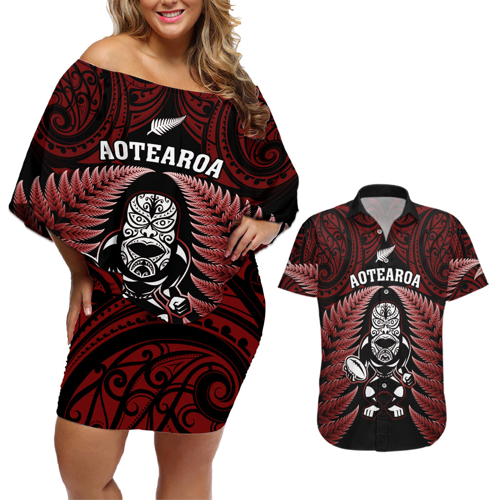 new-zealand-aotearoa-rugby-couples-matching-off-shoulder-short-dress-and-hawaiian-shirt-nz-tiki-with-maori-fern-world-cup-red-version