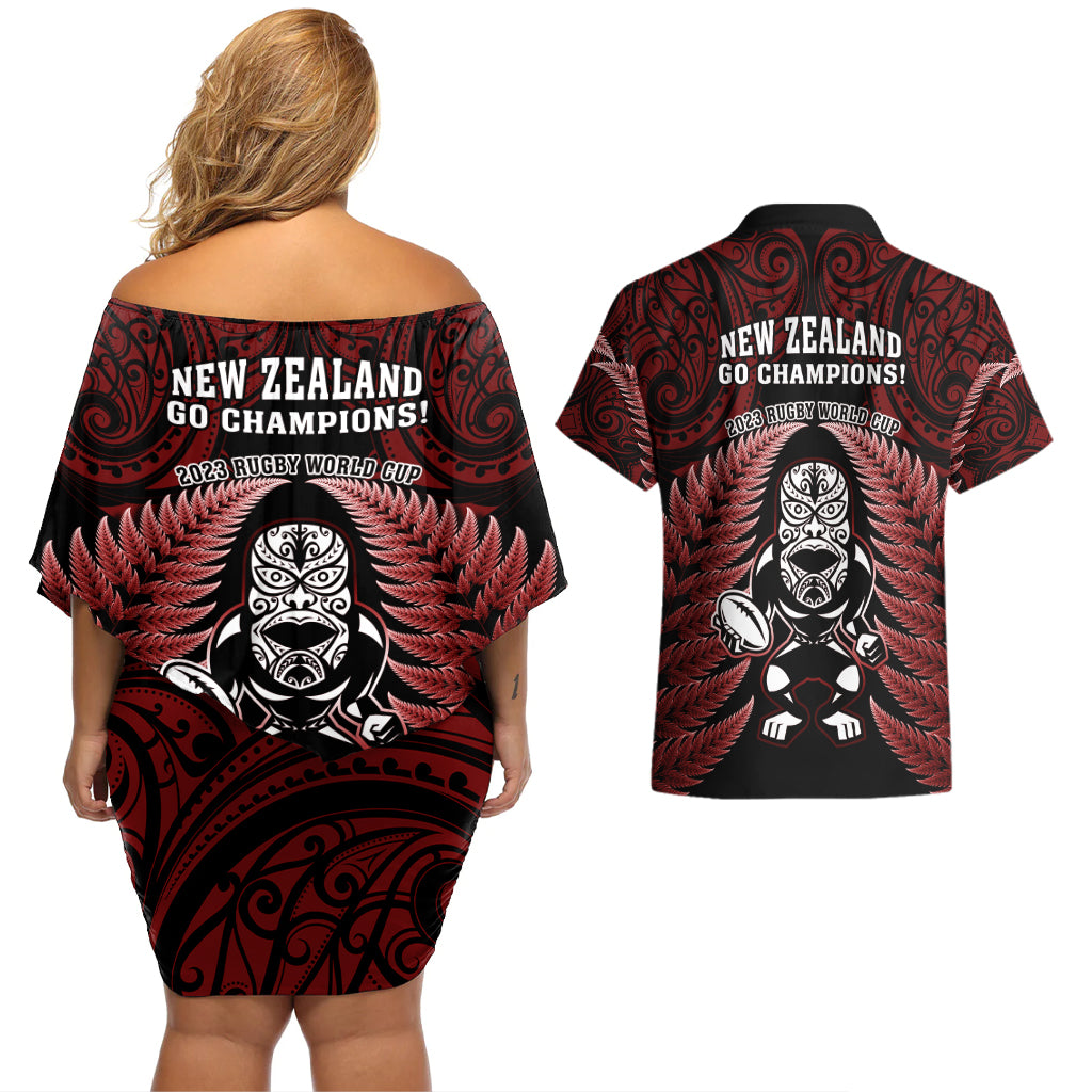 new-zealand-aotearoa-rugby-couples-matching-off-shoulder-short-dress-and-hawaiian-shirt-nz-tiki-with-maori-fern-world-cup-red-version