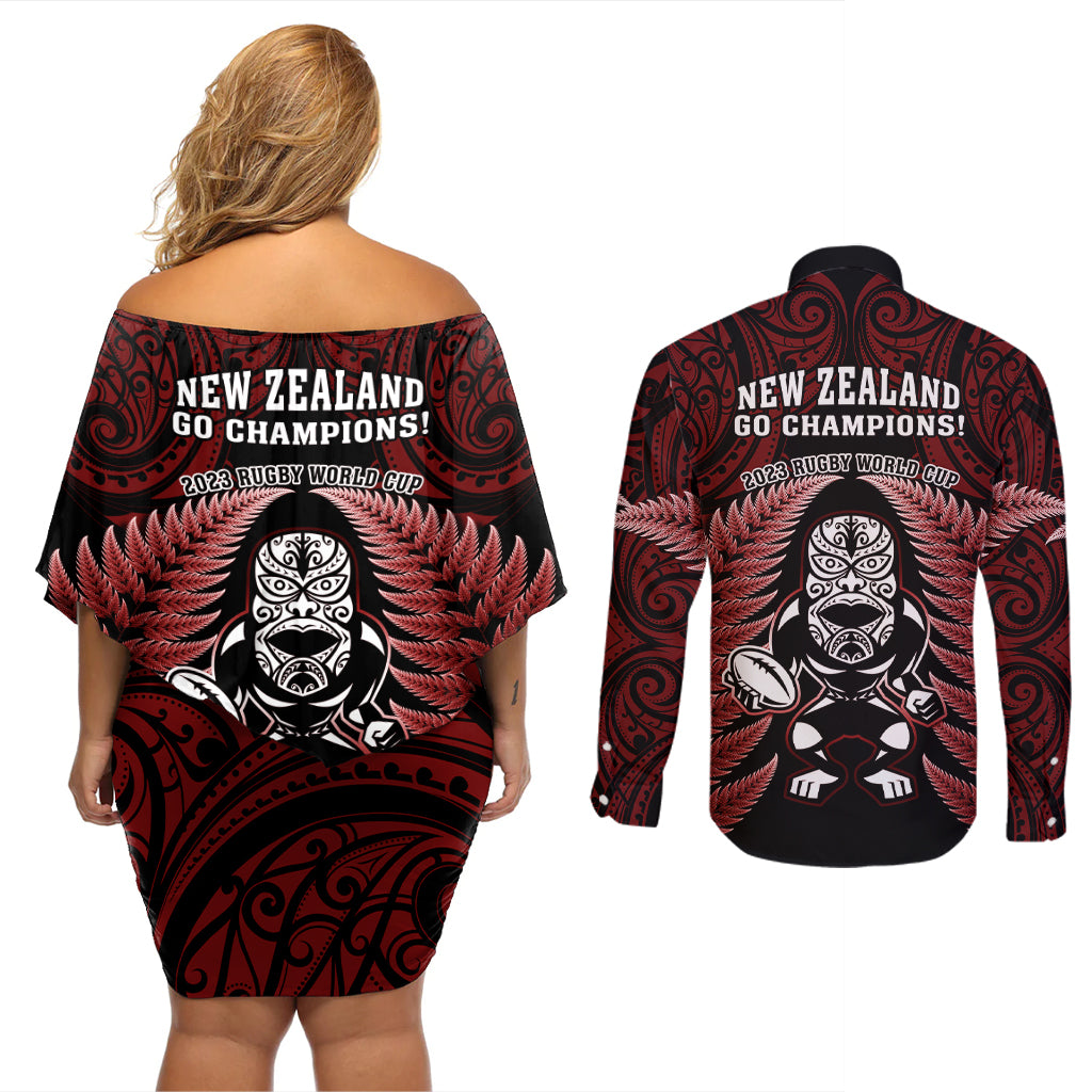 new-zealand-aotearoa-rugby-couples-matching-off-shoulder-short-dress-and-long-sleeve-button-shirts-nz-tiki-with-maori-fern-world-cup-red-version