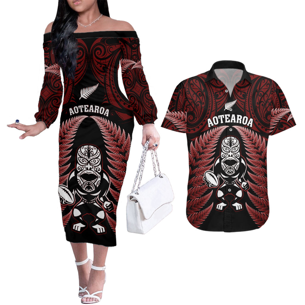 new-zealand-aotearoa-rugby-couples-matching-off-the-shoulder-long-sleeve-dress-and-hawaiian-shirt-nz-tiki-with-maori-fern-world-cup-red-version