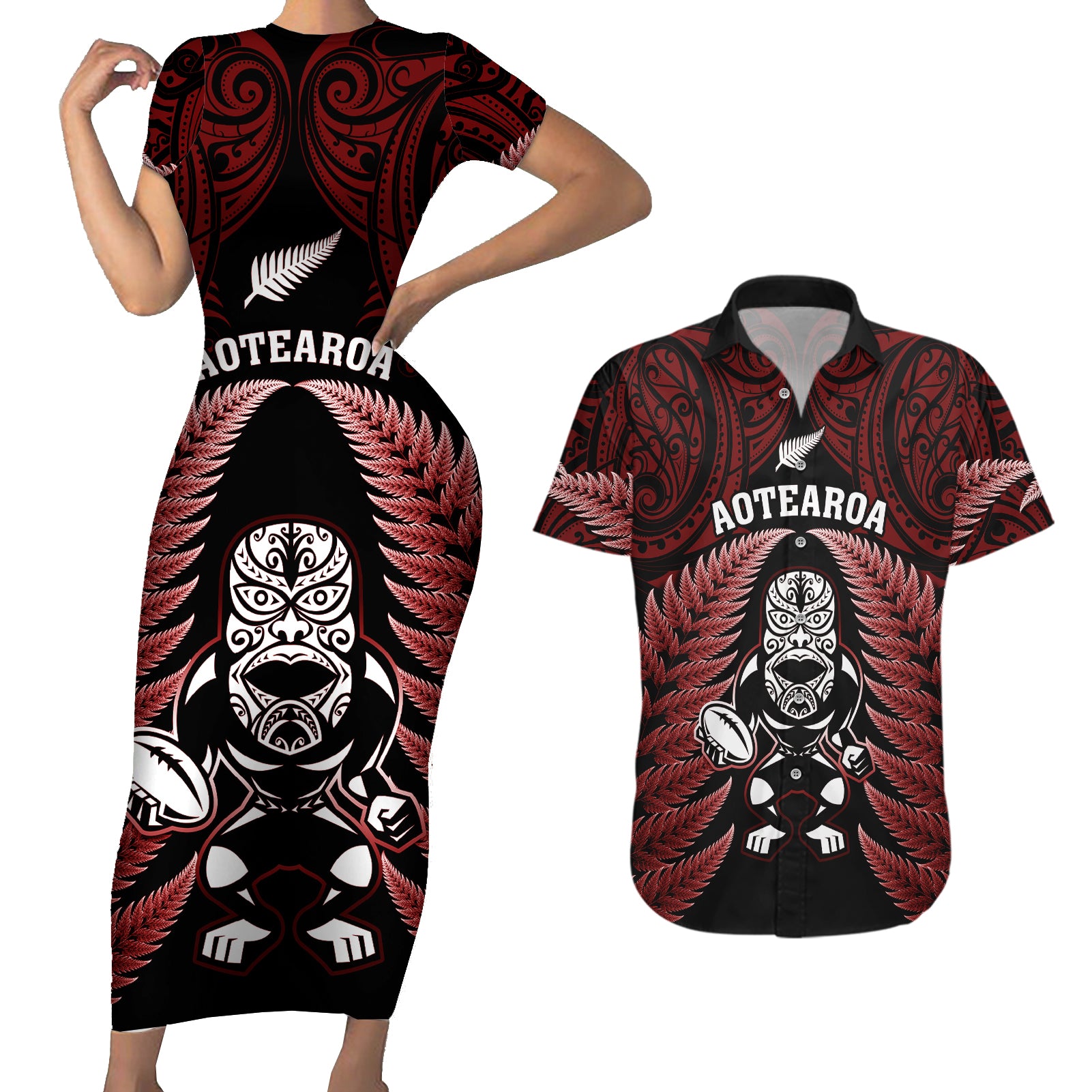 new-zealand-aotearoa-rugby-couples-matching-short-sleeve-bodycon-dress-and-hawaiian-shirt-nz-tiki-with-maori-fern-world-cup-red-version