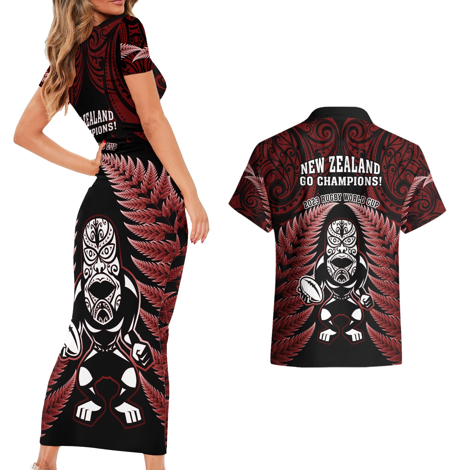 new-zealand-aotearoa-rugby-couples-matching-short-sleeve-bodycon-dress-and-hawaiian-shirt-nz-tiki-with-maori-fern-world-cup-red-version
