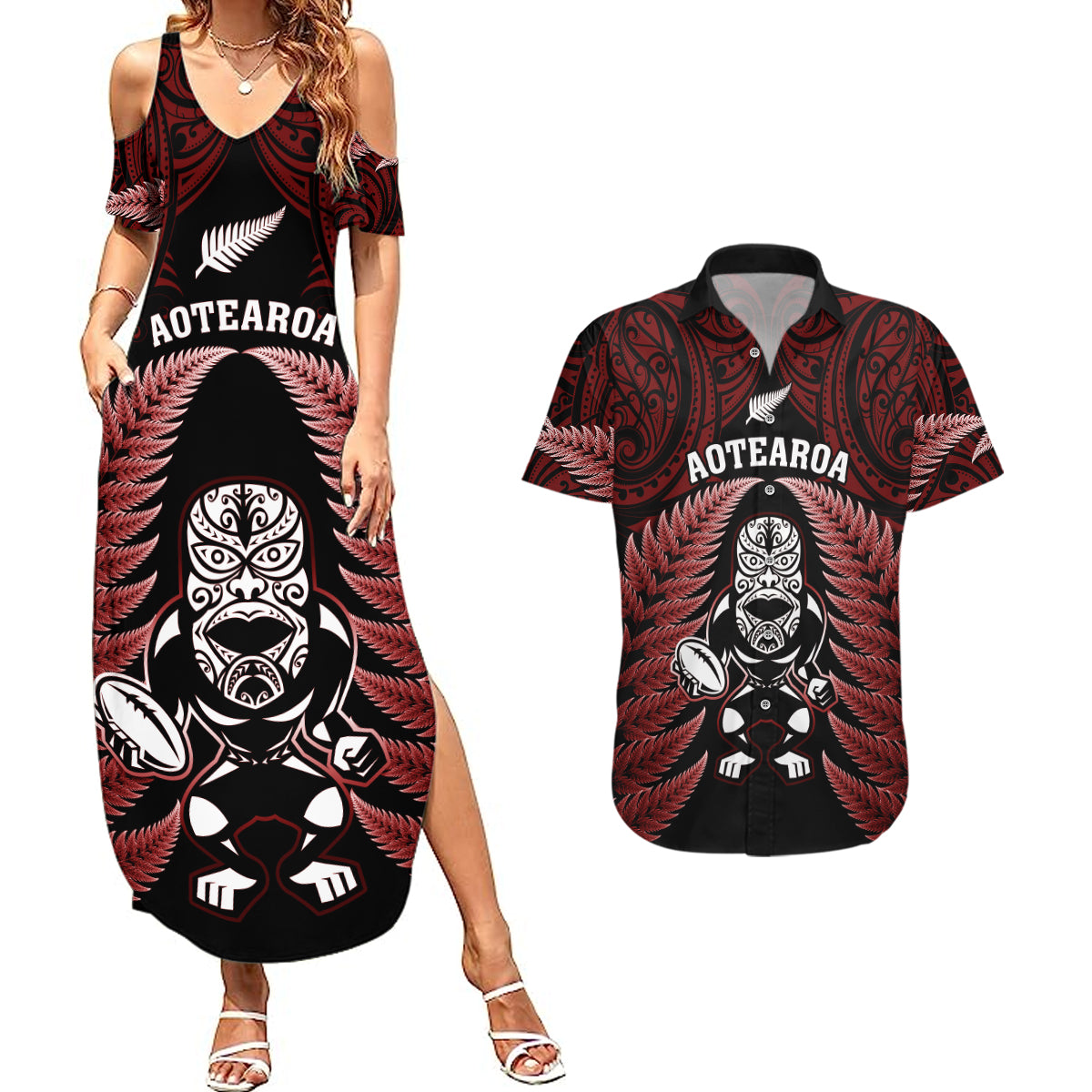new-zealand-aotearoa-rugby-couples-matching-summer-maxi-dress-and-hawaiian-shirt-nz-tiki-with-maori-fern-world-cup-red-version