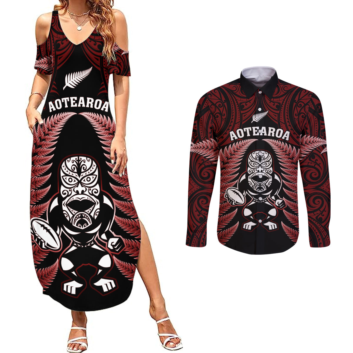 new-zealand-aotearoa-rugby-couples-matching-summer-maxi-dress-and-long-sleeve-button-shirts-nz-tiki-with-maori-fern-world-cup-red-version