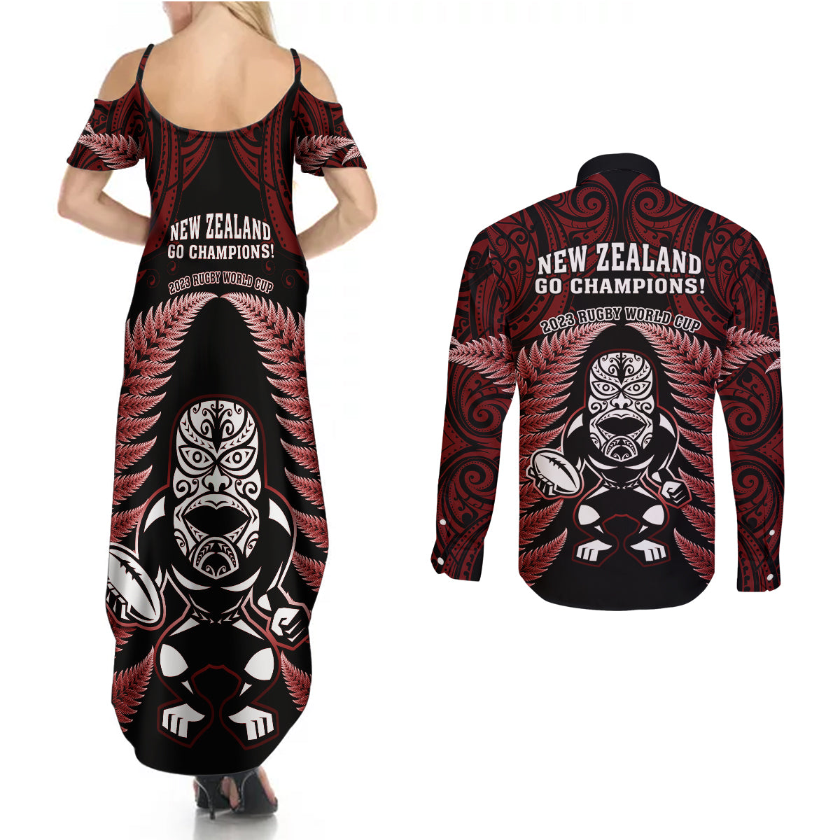 new-zealand-aotearoa-rugby-couples-matching-summer-maxi-dress-and-long-sleeve-button-shirts-nz-tiki-with-maori-fern-world-cup-red-version