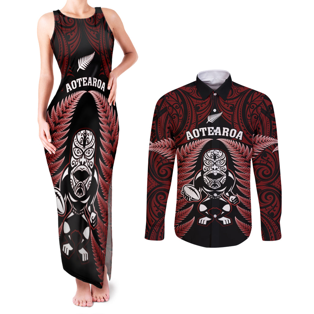 new-zealand-aotearoa-rugby-couples-matching-tank-maxi-dress-and-long-sleeve-button-shirts-nz-tiki-with-maori-fern-world-cup-red-version