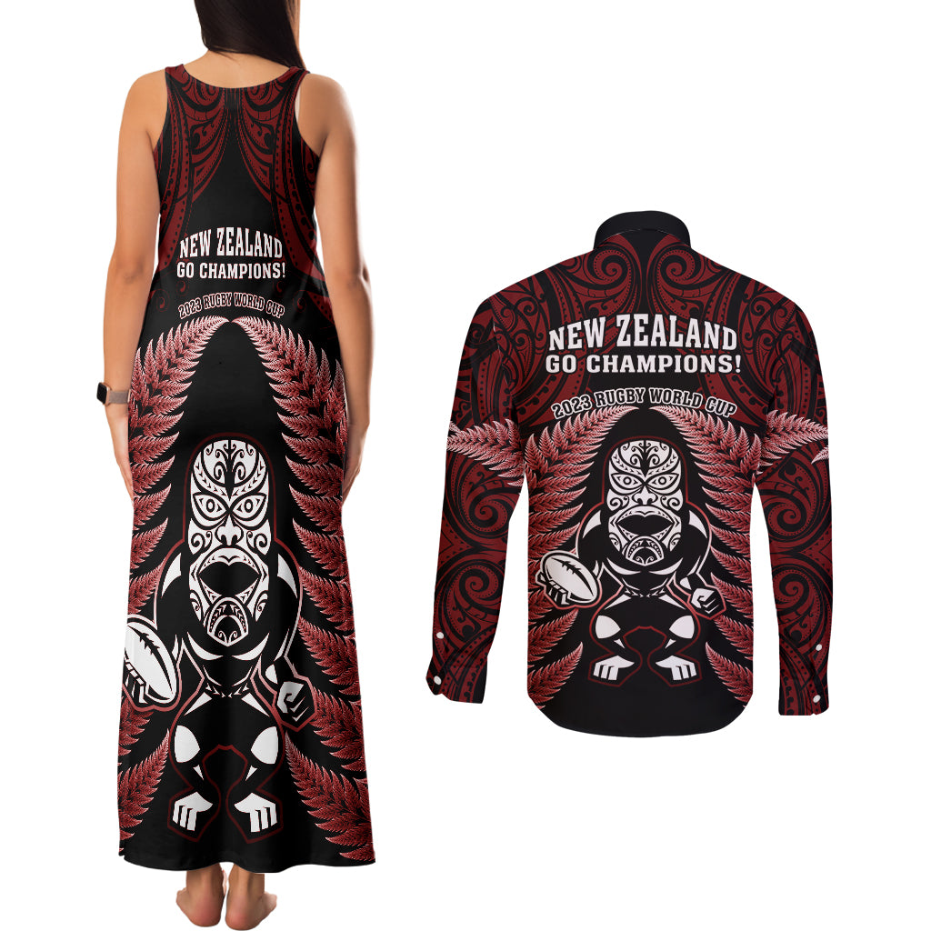 new-zealand-aotearoa-rugby-couples-matching-tank-maxi-dress-and-long-sleeve-button-shirts-nz-tiki-with-maori-fern-world-cup-red-version