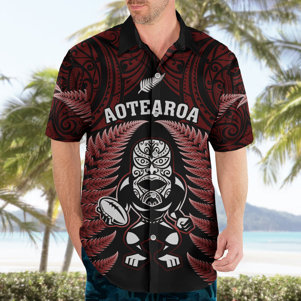 New Zealand Aotearoa Rugby Hawaiian Shirt NZ Tiki With Maori Fern World Cup Red Version - Vibe Hoodie Shop