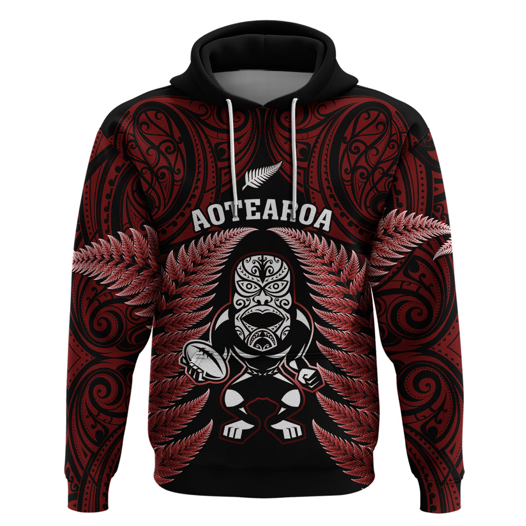 New Zealand Aotearoa Rugby Hoodie NZ Tiki With Maori Fern World Cup Red Version - Vibe Hoodie Shop