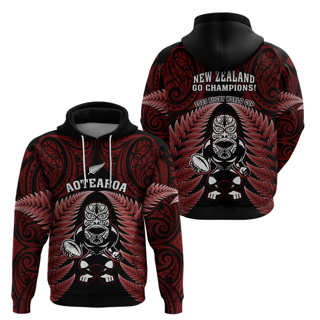 New Zealand Aotearoa Rugby Hoodie NZ Tiki With Maori Fern World Cup Red Version - Vibe Hoodie Shop