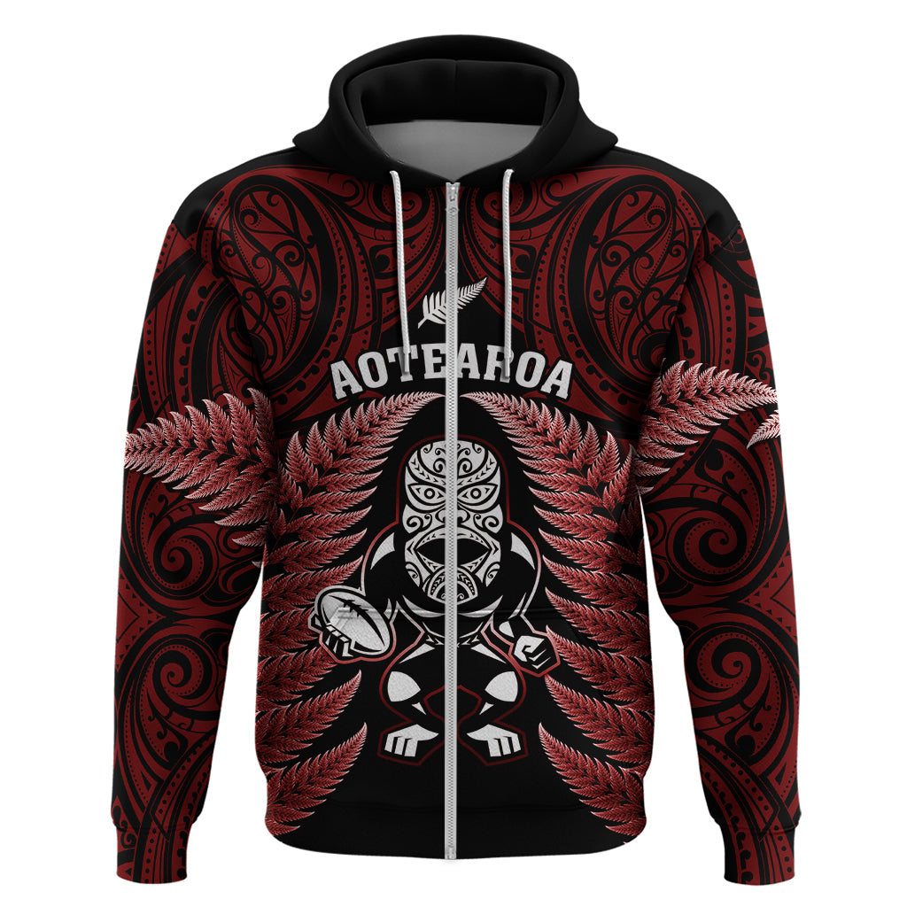 New Zealand Aotearoa Rugby Hoodie NZ Tiki With Maori Fern World Cup Red Version - Vibe Hoodie Shop