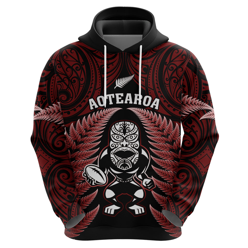 New Zealand Aotearoa Rugby Hoodie NZ Tiki With Maori Fern World Cup Red Version - Vibe Hoodie Shop