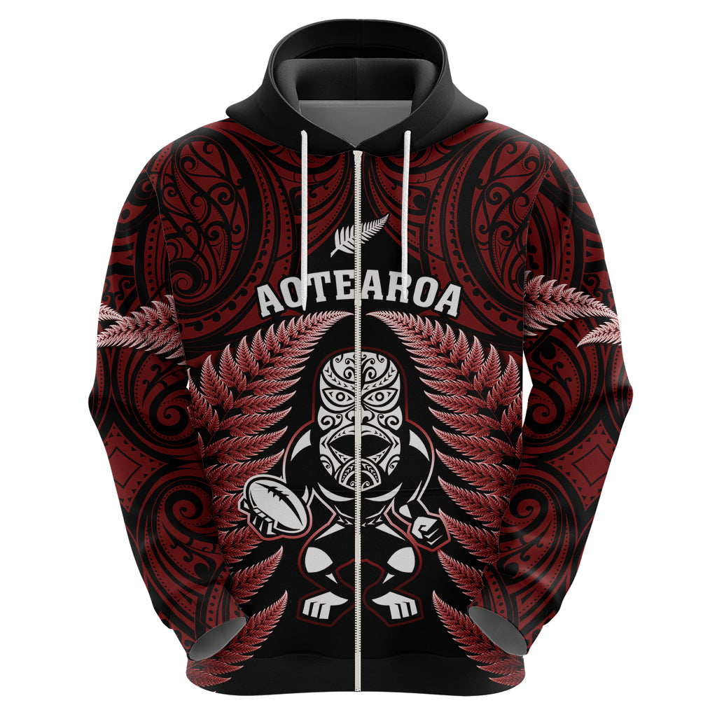 New Zealand Aotearoa Rugby Hoodie NZ Tiki With Maori Fern World Cup Red Version - Vibe Hoodie Shop