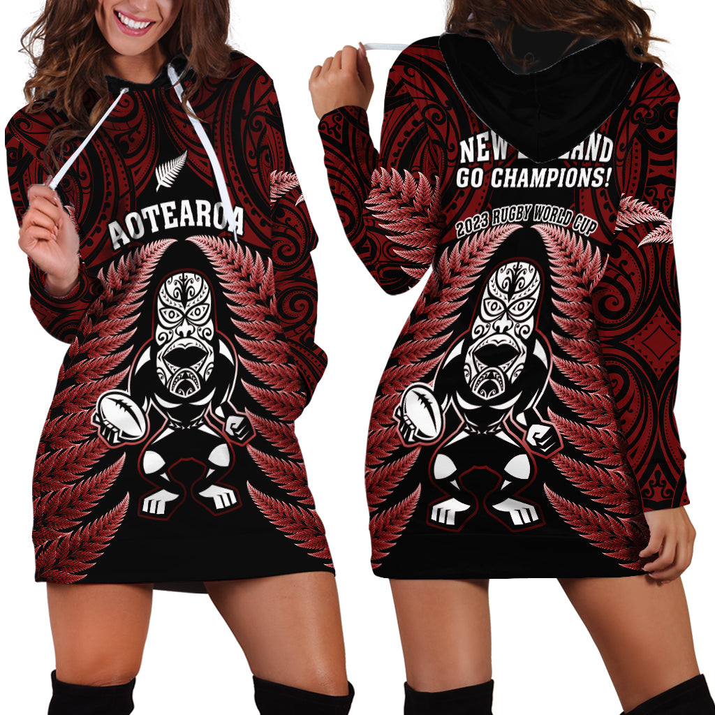 New Zealand Aotearoa Rugby Hoodie Dress NZ Tiki With Maori Fern World Cup Red Version - Vibe Hoodie Shop