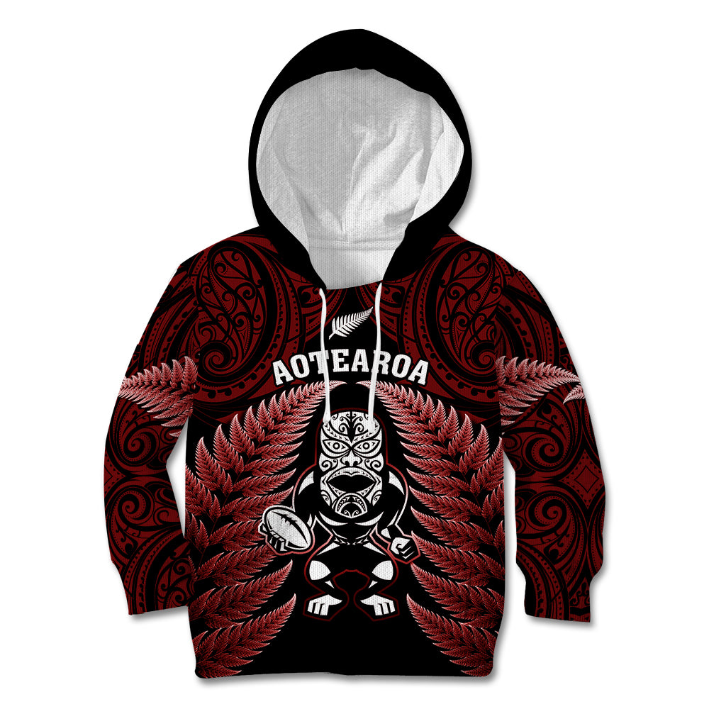 New Zealand Aotearoa Rugby Kid Hoodie NZ Tiki With Maori Fern World Cup Red Version - Vibe Hoodie Shop