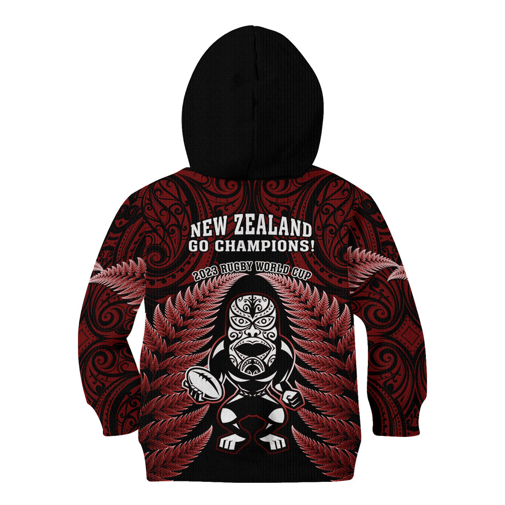 New Zealand Aotearoa Rugby Kid Hoodie NZ Tiki With Maori Fern World Cup Red Version - Vibe Hoodie Shop