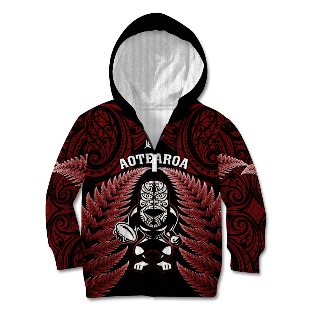 New Zealand Aotearoa Rugby Kid Hoodie NZ Tiki With Maori Fern World Cup Red Version - Vibe Hoodie Shop