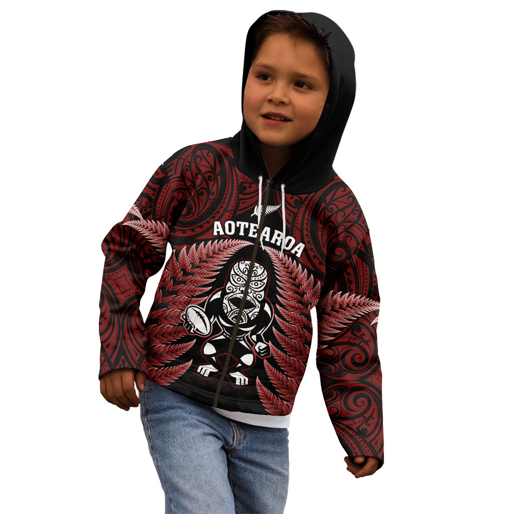New Zealand Aotearoa Rugby Kid Hoodie NZ Tiki With Maori Fern World Cup Red Version - Vibe Hoodie Shop