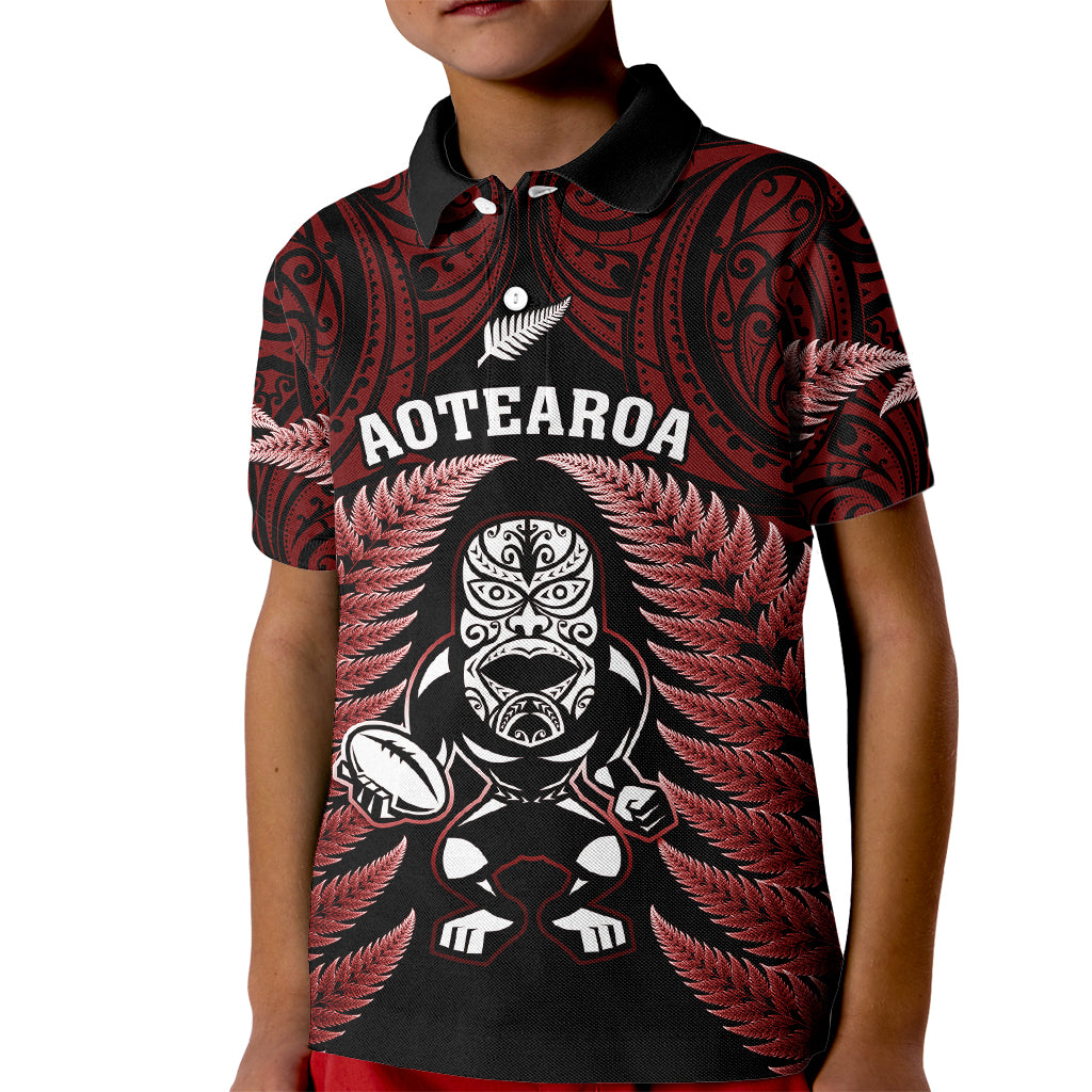 New Zealand Aotearoa Rugby Kid Polo Shirt NZ Tiki With Maori Fern World Cup Red Version - Vibe Hoodie Shop