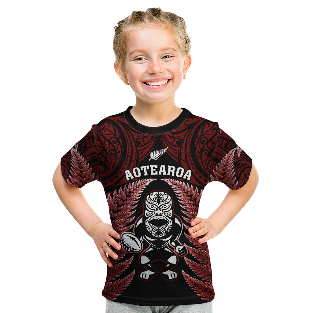 New Zealand Aotearoa Rugby Kid T Shirt NZ Tiki With Maori Fern World Cup Red Version - Vibe Hoodie Shop