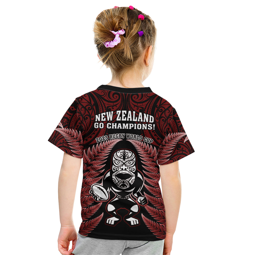 New Zealand Aotearoa Rugby Kid T Shirt NZ Tiki With Maori Fern World Cup Red Version - Vibe Hoodie Shop