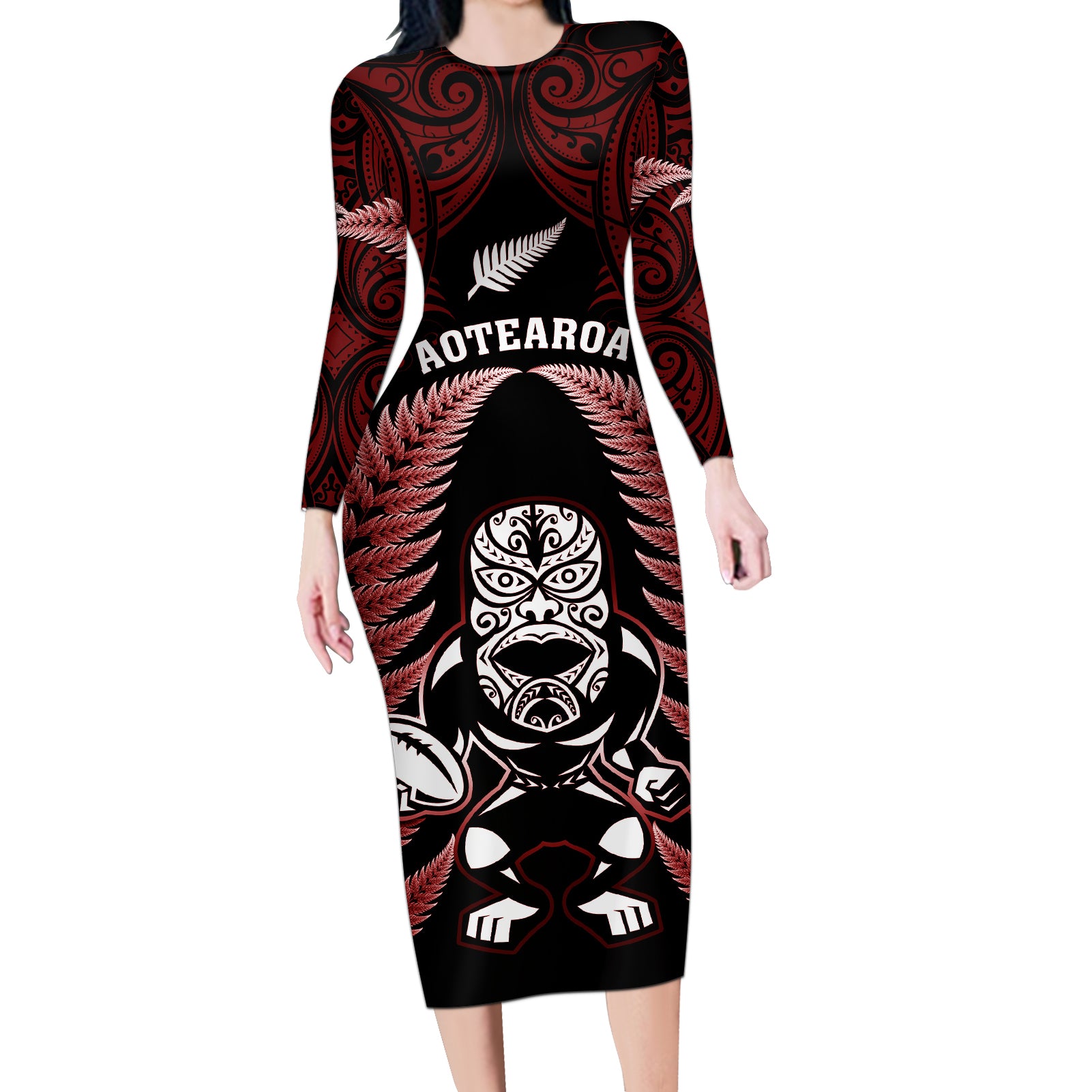 new-zealand-aotearoa-rugby-long-sleeve-bodycon-dress-nz-tiki-with-maori-fern-world-cup-red-version
