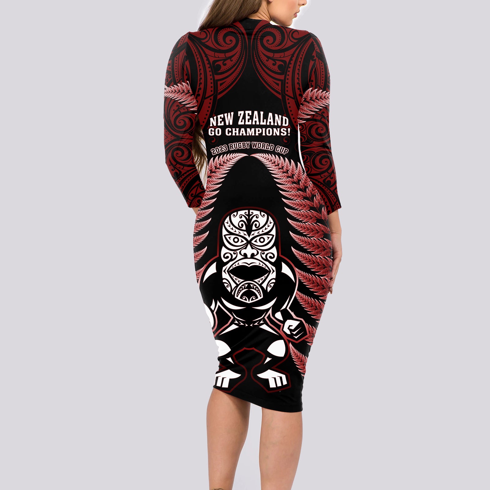 new-zealand-aotearoa-rugby-long-sleeve-bodycon-dress-nz-tiki-with-maori-fern-world-cup-red-version