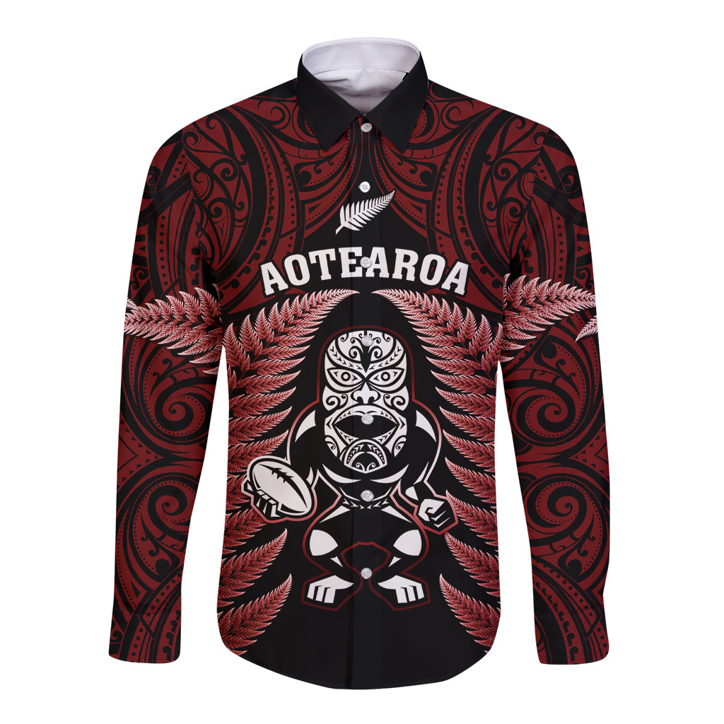 New Zealand Aotearoa Rugby Long Sleeve Button Shirt NZ Tiki With Maori Fern World Cup Red Version - Vibe Hoodie Shop