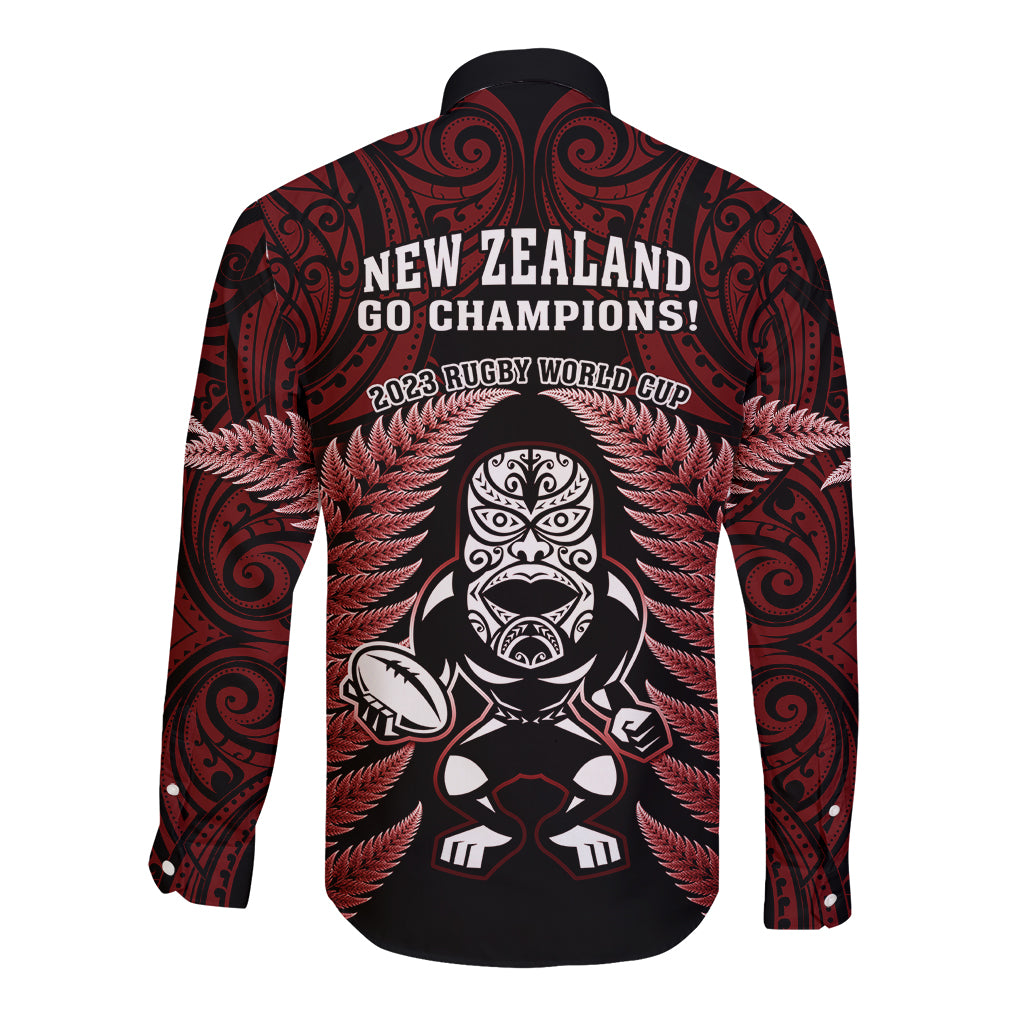 New Zealand Aotearoa Rugby Long Sleeve Button Shirt NZ Tiki With Maori Fern World Cup Red Version - Vibe Hoodie Shop