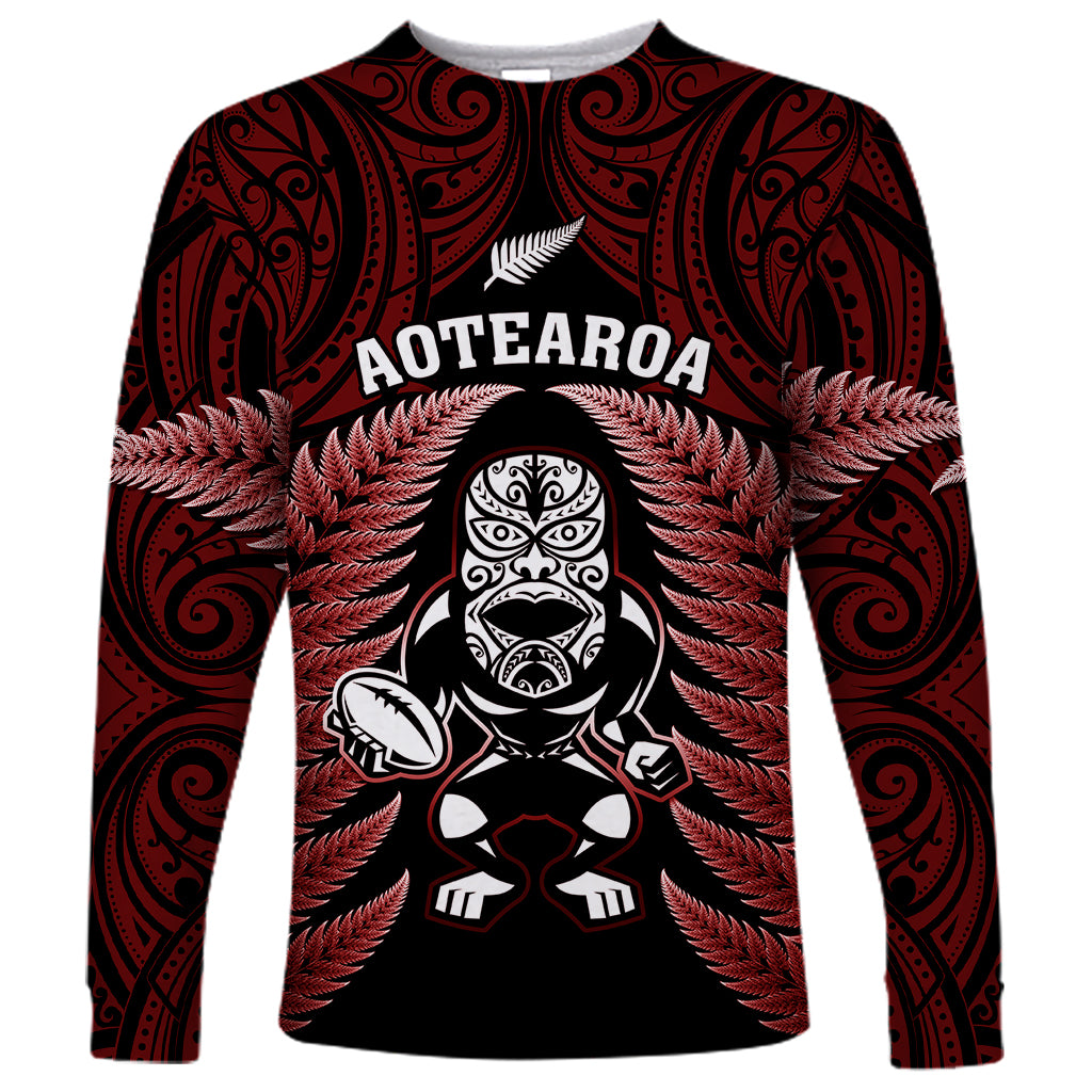 New Zealand Aotearoa Rugby Long Sleeve Shirt NZ Tiki With Maori Fern World Cup Red Version - Vibe Hoodie Shop