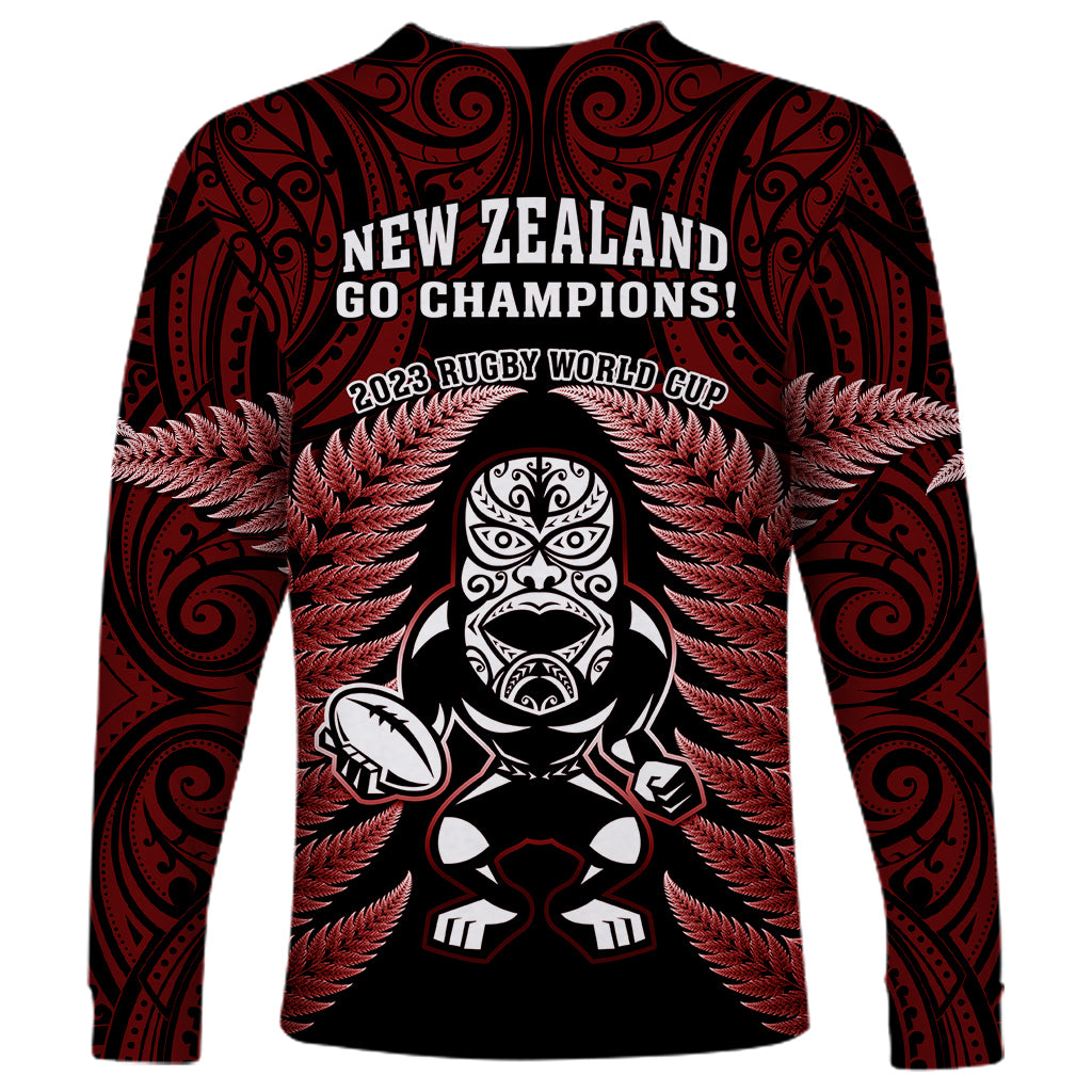 New Zealand Aotearoa Rugby Long Sleeve Shirt NZ Tiki With Maori Fern World Cup Red Version - Vibe Hoodie Shop