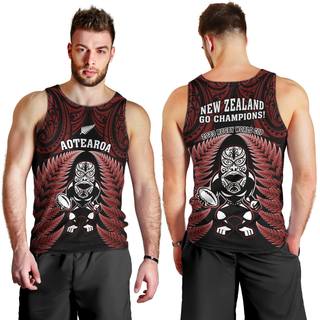 New Zealand Aotearoa Rugby Men Tank Top NZ Tiki With Maori Fern World Cup Red Version - Vibe Hoodie Shop