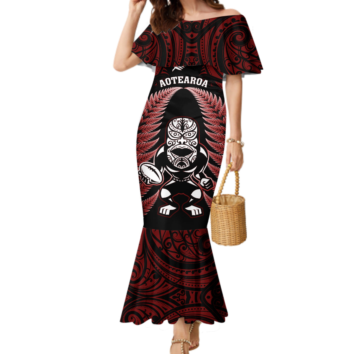 new-zealand-aotearoa-rugby-mermaid-dress-nz-tiki-with-maori-fern-world-cup-red-version