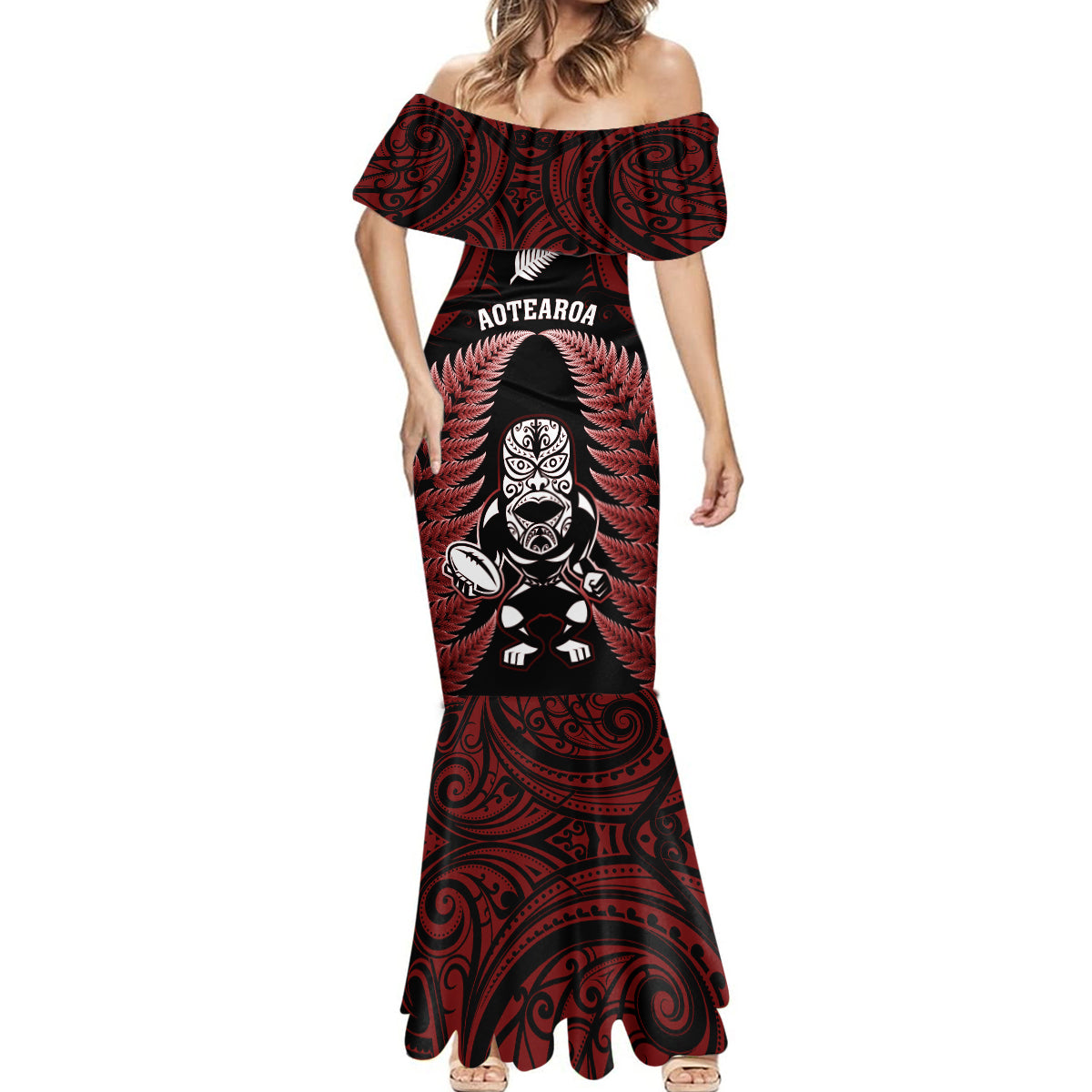 new-zealand-aotearoa-rugby-mermaid-dress-nz-tiki-with-maori-fern-world-cup-red-version