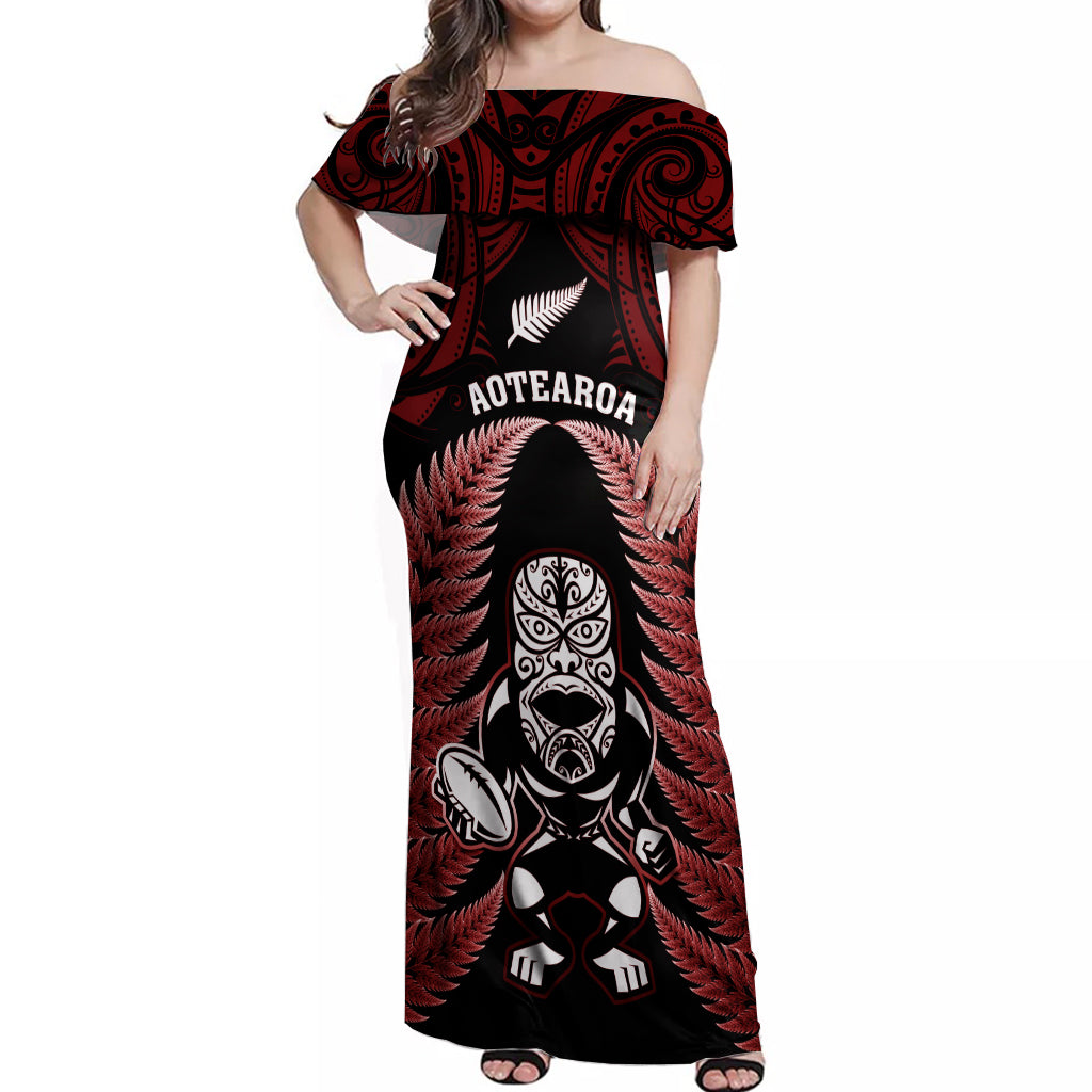 New Zealand Aotearoa Rugby Off Shoulder Maxi Dress NZ Tiki With Maori Fern World Cup Red Version - Vibe Hoodie Shop