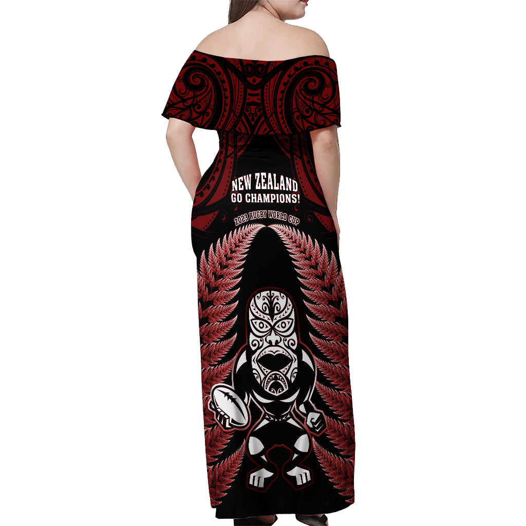 New Zealand Aotearoa Rugby Off Shoulder Maxi Dress NZ Tiki With Maori Fern World Cup Red Version - Vibe Hoodie Shop