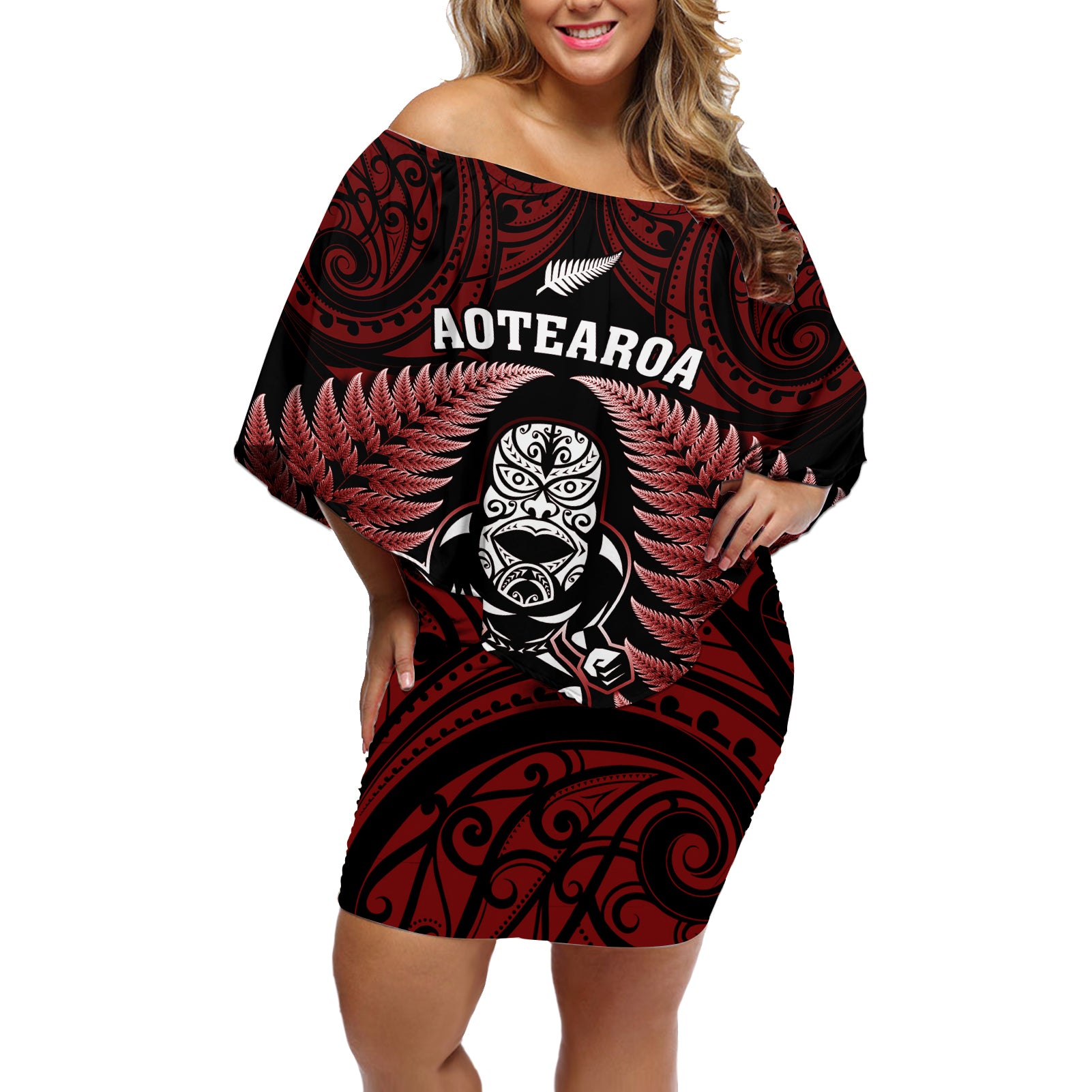 new-zealand-aotearoa-rugby-off-shoulder-short-dress-nz-tiki-with-maori-fern-world-cup-red-version