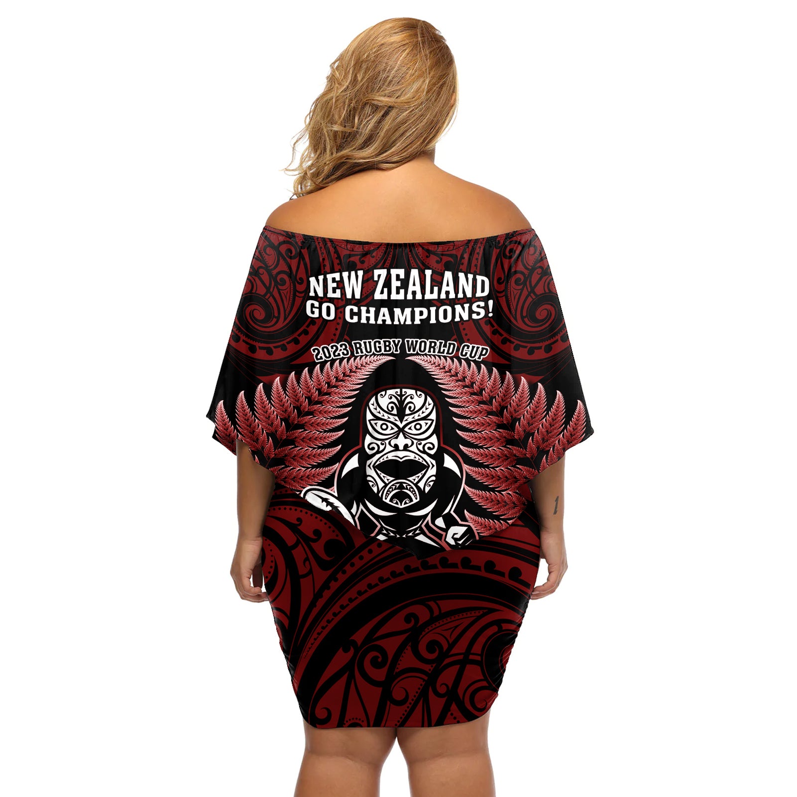 new-zealand-aotearoa-rugby-off-shoulder-short-dress-nz-tiki-with-maori-fern-world-cup-red-version