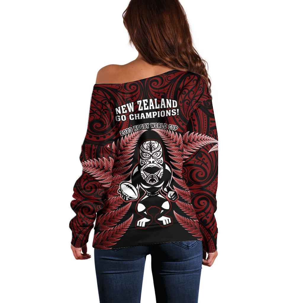 New Zealand Aotearoa Rugby Off Shoulder Sweater NZ Tiki With Maori Fern World Cup Red Version - Vibe Hoodie Shop