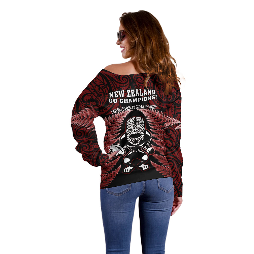 New Zealand Aotearoa Rugby Off Shoulder Sweater NZ Tiki With Maori Fern World Cup Red Version - Vibe Hoodie Shop