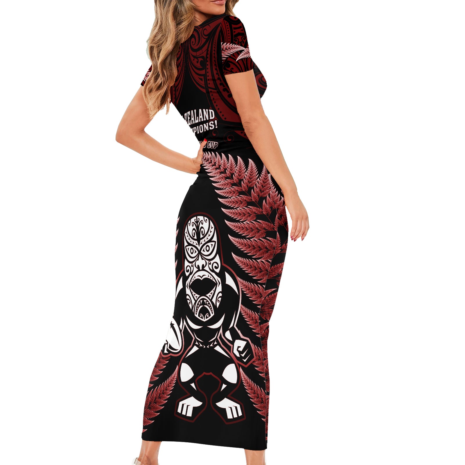new-zealand-aotearoa-rugby-short-sleeve-bodycon-dress-nz-tiki-with-maori-fern-world-cup-red-version