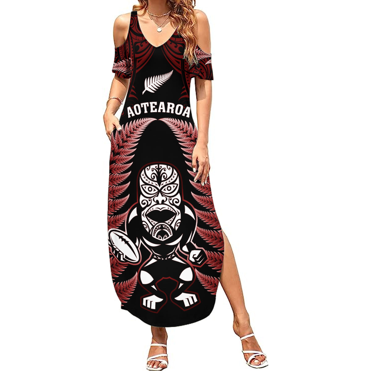 new-zealand-aotearoa-rugby-summer-maxi-dress-nz-tiki-with-maori-fern-world-cup-red-version