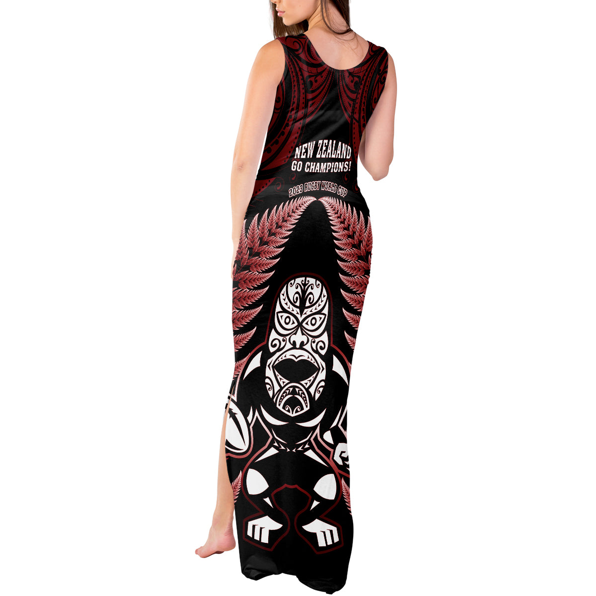 new-zealand-aotearoa-rugby-tank-maxi-dress-nz-tiki-with-maori-fern-world-cup-red-version